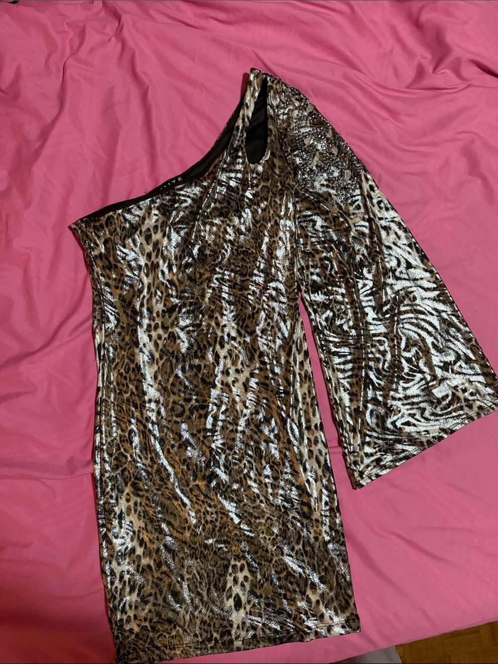 Asymmetric One-Shoulder Animal Print Mini Dress in Brown